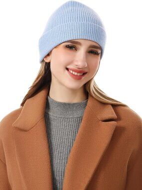 ⚡Women Blue 100% Pure Mongolian Cashmere Knit Hat Ultra Soft Winter Beanie‎